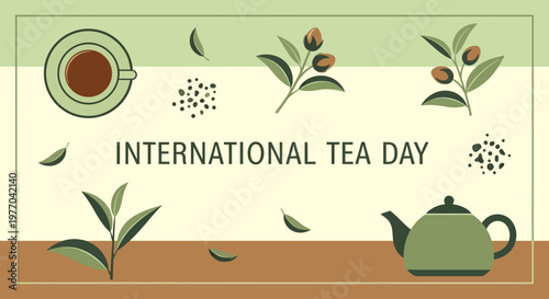 International Tea Day concept with a green teapot, fresh tea leaves, tea buds, and a top-down view of a teacup, on a natural earth-toned background.