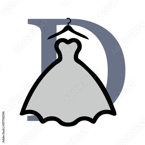 Logotipo de boutique de moda. Dibujo sencillo con líneas de un vestido con falda colgado de una percha de una letra D