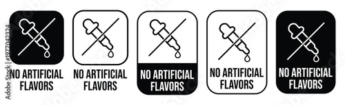 A series of square labels display crossed ice cream cones with dripping indicating no artificial flavors silhouette high quality professional detailed modern elegant