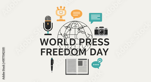 Globe with microphone, camera, chat bubble, open book, and pen icons for "World Press Freedom Day," isolated white background.