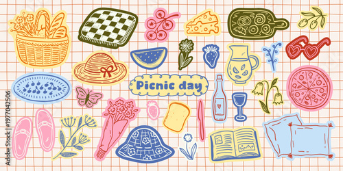 Colorful cut out stickers of picnic food and decor. Doodle drawings of blanket, basket with flowers, pizza, tomatoes and various countryside and cottagecore objects. Whimsical vector ink silhouettes
