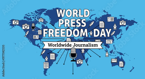 Blue world map with various journalism and media icons surrounding "World Press Freedom Day Worldwide Journalism" text, blue background.