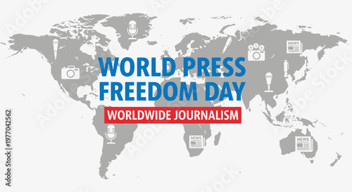 World map with various journalism and media icons surrounding "World Press Freedom Day Worldwide Journalism" text, grey background.