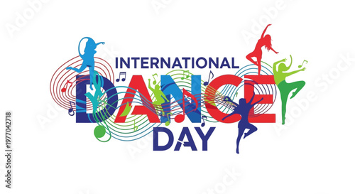 International Dance Day festive artwork with energetic colorful dancers and musical swirls, isolated white background.