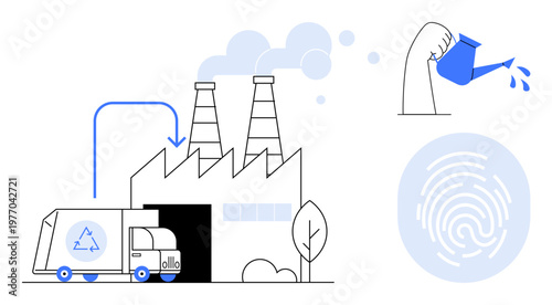 Sustainability, recycling, eco-industry, resource management, waste reduction, environmental responsibility. Factory with smoke stacks, recycling truck, hand watering and fingerprint symbol
