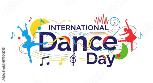 International Dance Day playful illustration with dynamic dancers and musical notes, isolated white background.