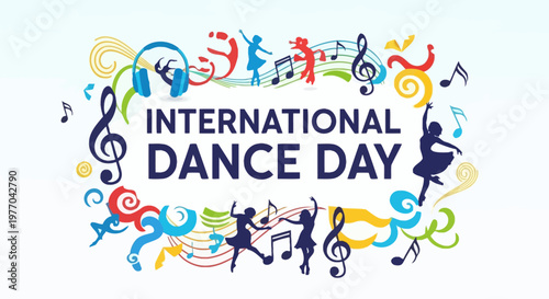 International Dance Day vibrant illustration with abstract swirls, musical notes, dancers, and headphones, isolated white background.