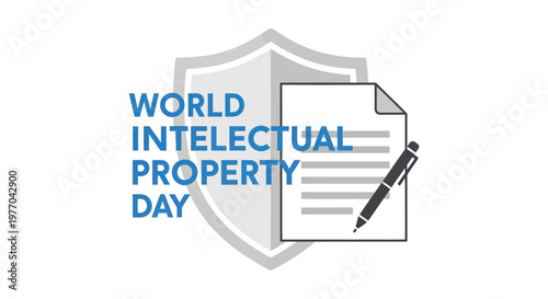 World Intellectual Property Day concept with document, writing pen, and protection shield in bright studio background.