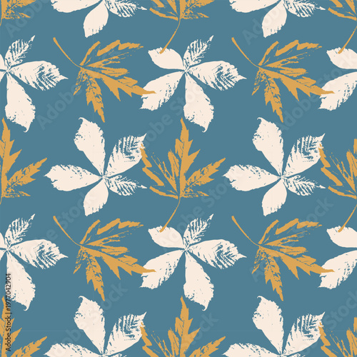 Seamless Pattern of Real Leaf Prints Hand Stamped Chestnut and Maple Leaves in Ochre and Cream for Autumn Textiles, Craft Packaging, and Rustic Home Decor. Vector illustration