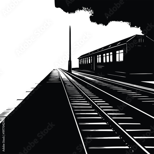 Train station, railroad tracks, black silhouette, industrial landscape, transportation background