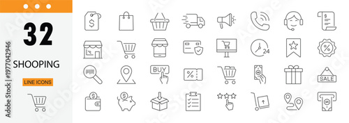 Shopping icons set representing cart, bag, store, purchase, payment, retail, ecommerce and buying process . Editable Stroke.