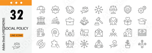 Social policy icons set representing government rules, regulations, welfare, public services, law and community development . Editable Stroke.