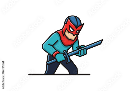 Masked Superhero Ninja Warrior Mascot with Blue Katana Sword Illustration