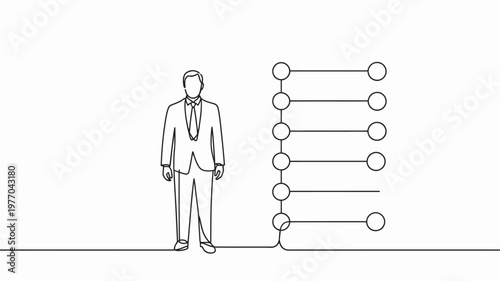A businessman standing next to a flowchart diagram on a white background