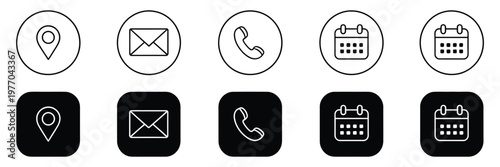 Email, Phone, Location, Time, Clock, Date, Calendar Icons, Communication Symbols, Contact Information Graphics, Schedule And Appointment Illustration