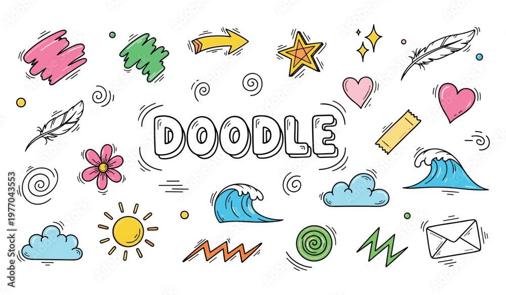 Obraz premium Simple doodle elements depicting nature and weather symbols