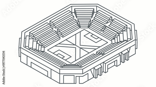 Isometric line drawing of an empty hexagonal basketball arena interior.