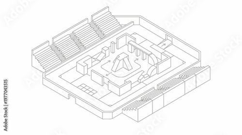 Axonometric line drawing of modern stadium architecture with tiered seating.