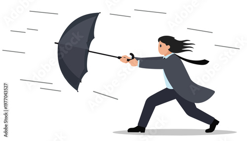 Man holding umbrella inside out with determination in strong wind