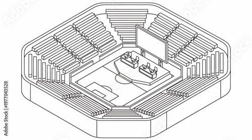 Isometric line drawing of modern tiered auditorium interior.