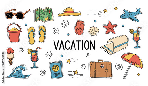 Vacation items scattered in summer travel layout on white background