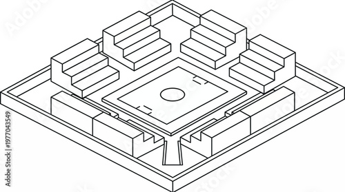 Isometric line-art illustration of an electronic chip package layout with central pad and peripheral blocks.