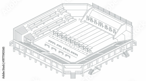 Axonometric architectural drawing of modern stadium interior with tiered seating and roof structure.
