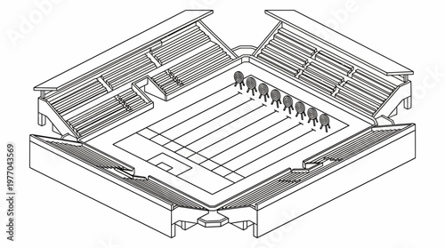 Isometric line drawing of indoor volleyball court with spectator stands.