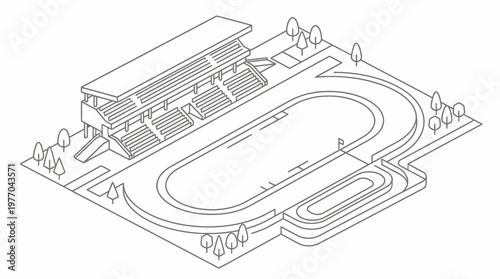 Isometric illustration of an outdoor athletic stadium with running track and spectator seating.