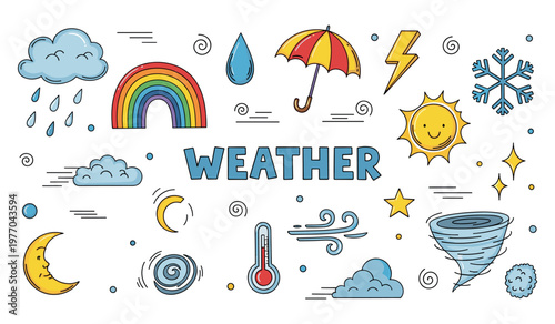 Weather icons and symbols arranged on white background
