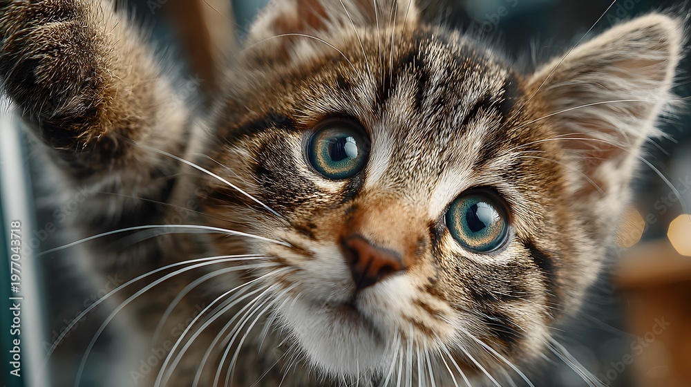 Fototapeta premium Close-up of an adorable tabby kitten with captivating green eyes.