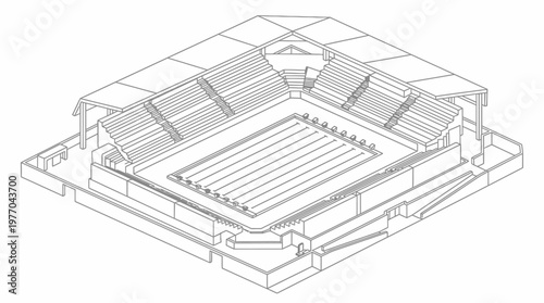 Isometric architectural wireframe drawing of indoor aquatic arena.