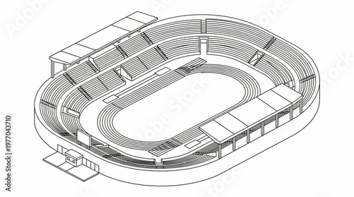 Isometric architectural rendering of modern oval sports stadium interior.