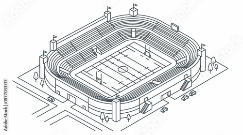Isometric architectural line drawing of a sports stadium with central court and seating.