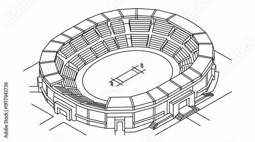 Isometric technical drawing of an open-air sports stadium design.