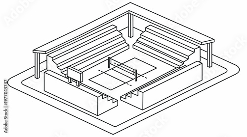Isometric line drawing of a modern courtyard with pergola and deck.