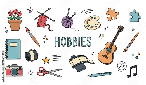 Hobbies icons showcasing creative activities on white background
