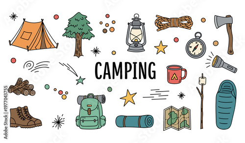 Camping gear icons arranged on flat white background display