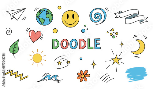 Doodle lettering surrounded by assorted simple symbols on white
