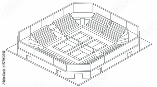 Isometric architectural line drawing of indoor sports arena seating layout.