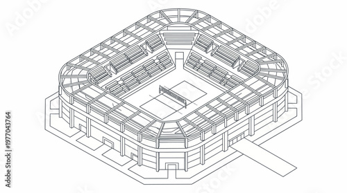 Isometric wireframe architectural model of a modern sports stadium design.