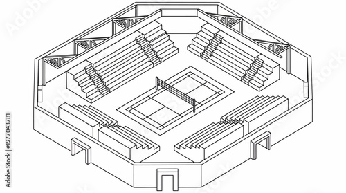 Isometric line drawing of octagonal arena interior with tiered seating.