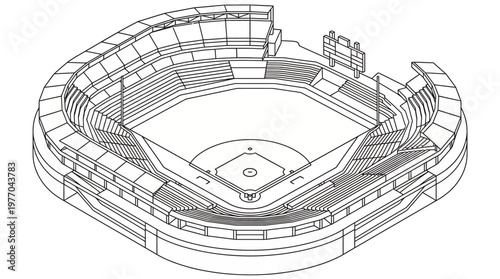 Isometric wireframe blueprint of a baseball stadium architectural layout.
