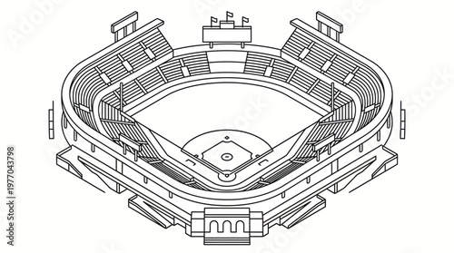 Isometric line drawing of a baseball stadium architectural plan.