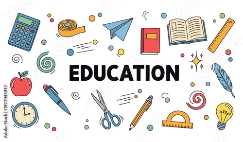 Education symbols arranged showing learning tools on white background