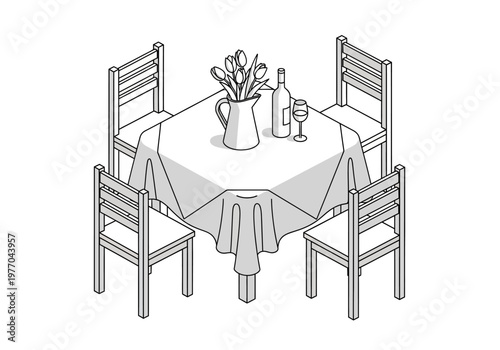 Isometric Line Art Illustration of a Dining Table with Four Chairs, Flowers, and Wine Bottle