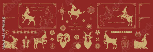 Happy Chinese New Year 2027 goat vector set. Red and gold zodiac animal collection with ornamental frames, lantern, flowers, firecrackers and festive Chinese decorative elements.