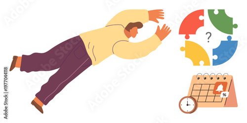 Problem solving, time management, strategic planning, workflow organization, decision making, deadlines. A person reaching for puzzle pieces alongside a calendar and clock. Problem solving and time