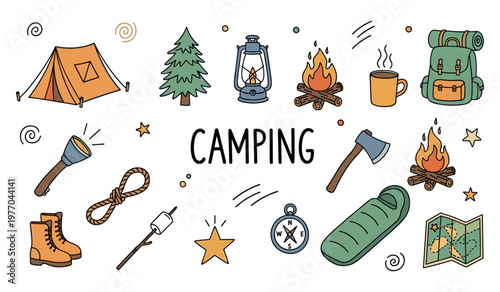 Camping equipment displaying overnight outdoor campfire and hiking scene