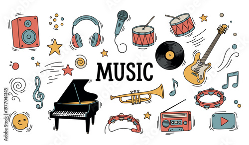Musical instruments arranged around centered text on white background
